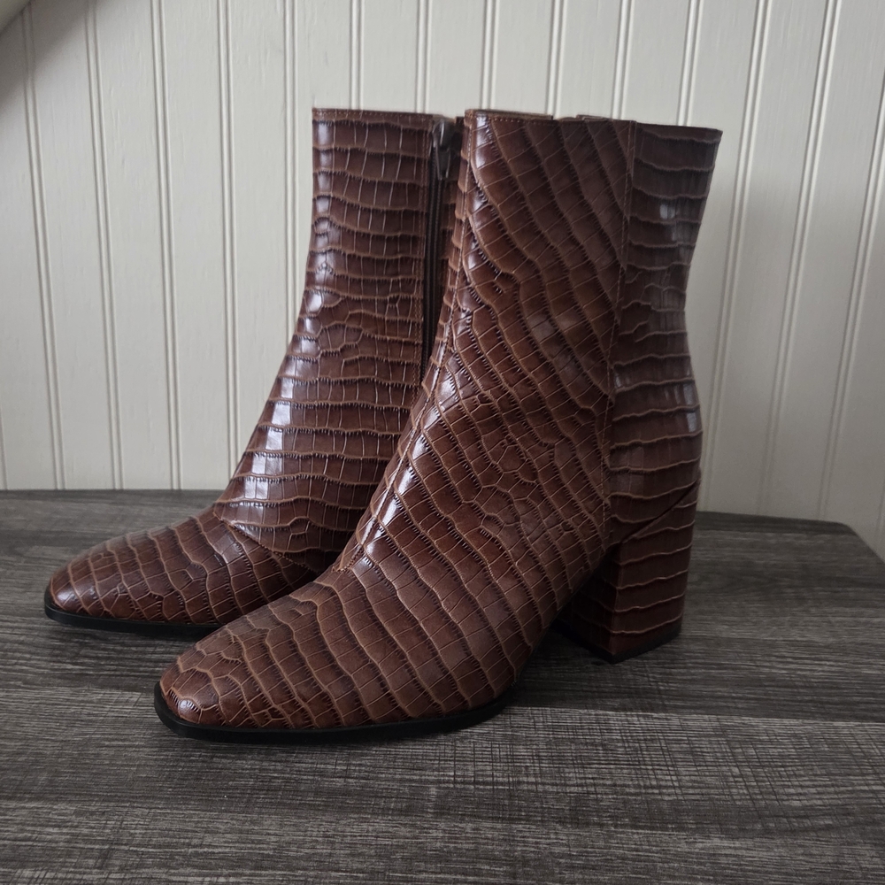 Harper Brown Crocodile-Pattern Ankle Booties - image 4